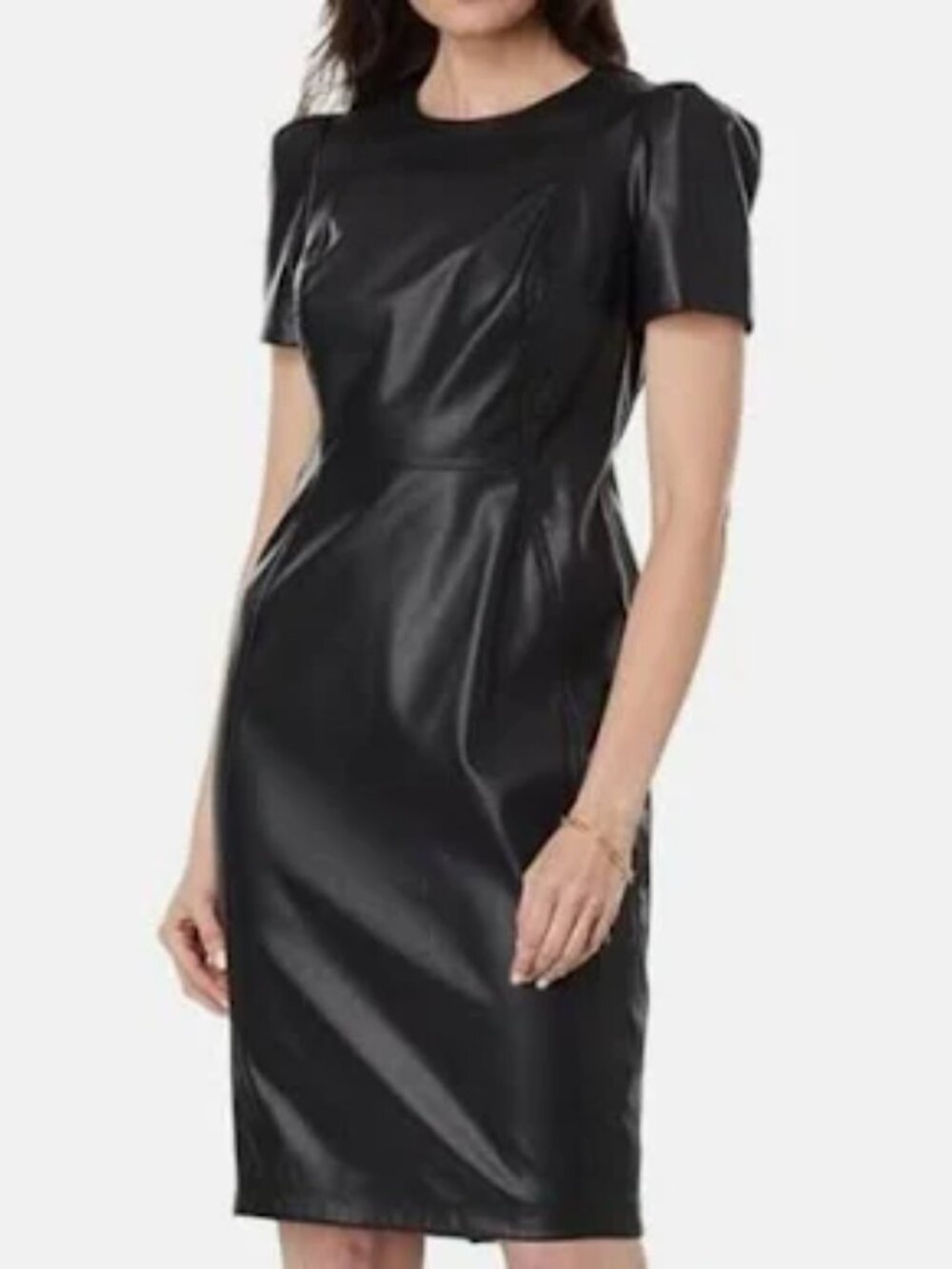 Calvin Klein Puff Sleeve Faux Leather Dress 6 Black NWT